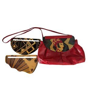 Moon Bags Hand-Painted Art Deco Red Shoulder Bag W/ 3 Interchangeable Flap Desig